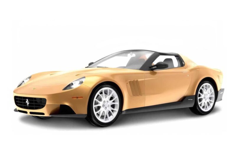 A gold two-door sports car with a sleek design, white wheels, and a black roof, this 1-of-1: Rarest Ferraris In The World stands out against a plain white background.