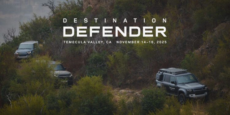 Three Land Rover Defenders navigate a rugged, bushy trail with text overlay: Destination Defender West, Nov. 14-16, Temecula Valley, California, 2025.