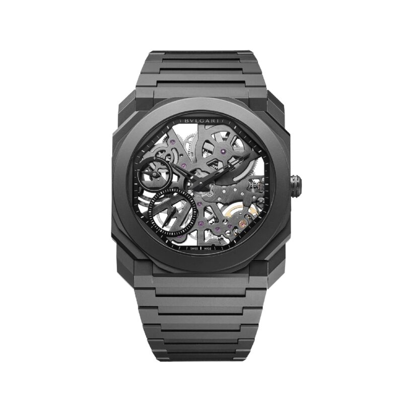 A black Bulgari wristwatch with a skeleton dial, showing exposed gears and mechanical parts, and a matching black metal bracelet—an iconic choice among the best luxury watches.