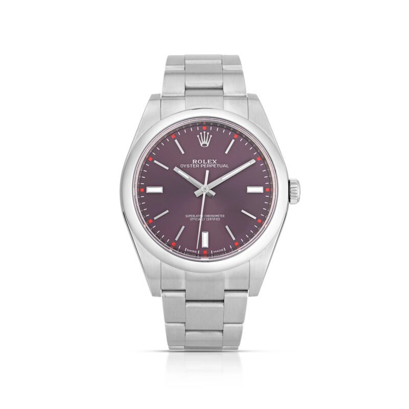 A stainless steel Rolex Oyster Perpetual wristwatch with a purple dial, silver hour markers, and a metal link bracelet—an enduring icon among the best luxury watches.
