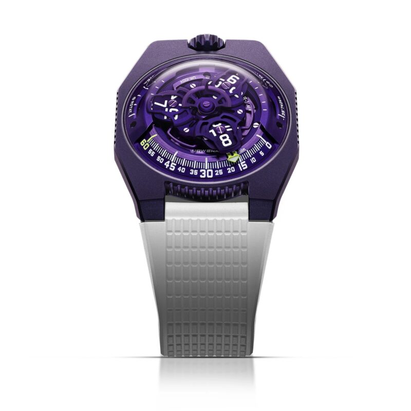 A modern wristwatch with a purple geometric dial, complex markings, and a white textured strap is displayed against a white background—an elegant addition to any collection of the best luxury watches.