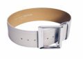 A wide white leather belt with a large silver rectangular buckle, displayed in a circular shape with inner Sergio Hudson branding visible—a fashion statement as refined as a Volvo EX90.