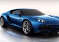 A blue Lamborghini Centro Stile at 20, with sleek lines, silver rims, and aerodynamic features, is parked indoors on a reflective surface—showcasing the studio behind every modern bull.