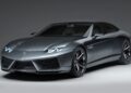 A sleek, grey sports car with sharp lines and large alloy wheels, photographed in a studio—a testament to Lamborghini Centro Stile at 20: The Studio Behind Every Modern Bull.