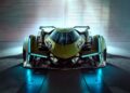 A futuristic green Lamborghini Centro Stile sports car with illuminated blue accents is parked indoors, viewed from the front against a metallic, striped background—the studio behind every modern bull.