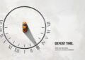 Top view of an orange Lamborghini at the center of a large clock face, its shadow stretching toward IV; text reads "Defeat Time. With our aftersales program, your car will stay timeless.