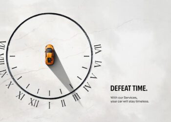 Top view of an orange Lamborghini at the center of a large clock face, its shadow stretching toward IV; text reads "Defeat Time. With our aftersales program, your car will stay timeless.