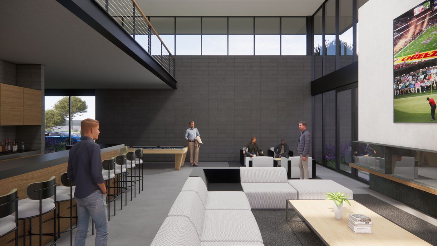 A modern lounge area with several people standing and sitting, featuring a bar, couches, a large screen displaying sports, and tall windows letting in natural light.