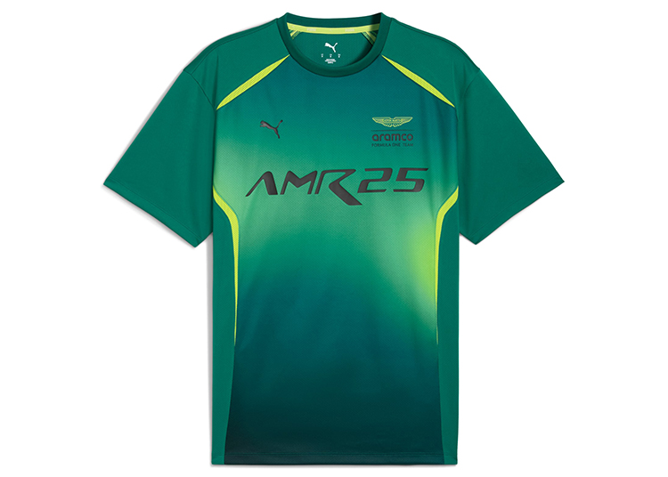 Green and yellow gradient short-sleeve sports shirt featuring "AMR25" text, PUMA Motorsport logo, and Aston Martin F1 Team Collection branding on the chest.
