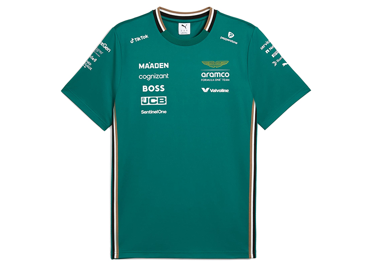 Green short-sleeved Aston Martin F1 Team Collection shirt by PUMA Motorsport, featuring multiple sponsor logos in white, displayed on a plain background.