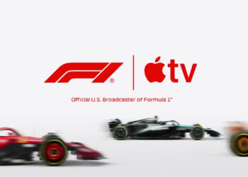 F1 and Apple TV logos above blurred Formula 1 cars, with text stating "Official U.S. Broadcaster of Formula 1. F1 streaming coming to Apple TV in 2026.