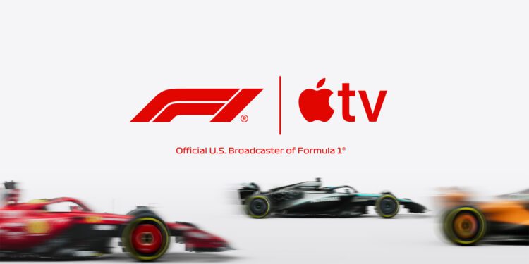 F1 and Apple TV logos above blurred Formula 1 cars, with text stating "Official U.S. Broadcaster of Formula 1. F1 streaming coming to Apple TV in 2026.