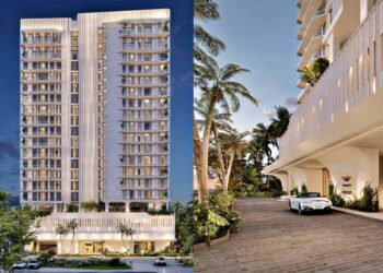 Two views of a modern high-rise residential building with balconies and palm trees in Daytona Beach Shores, featuring a sleek white car—perfect for Aston Martin enthusiasts—in the driveway. An exceptional real estate opportunity.