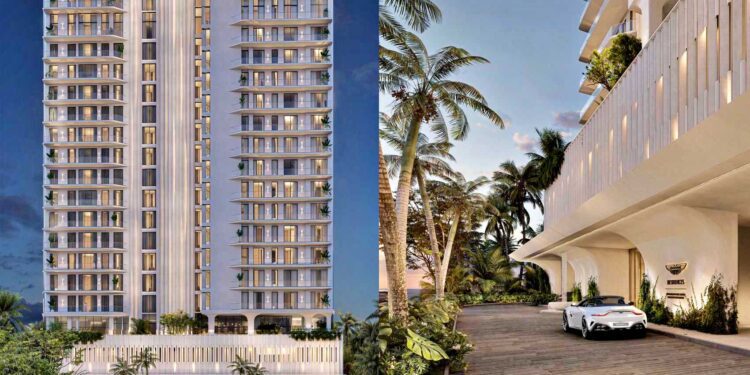Two views of a modern high-rise residential building with balconies and palm trees in Daytona Beach Shores, featuring a sleek white car—perfect for Aston Martin enthusiasts—in the driveway. An exceptional real estate opportunity.