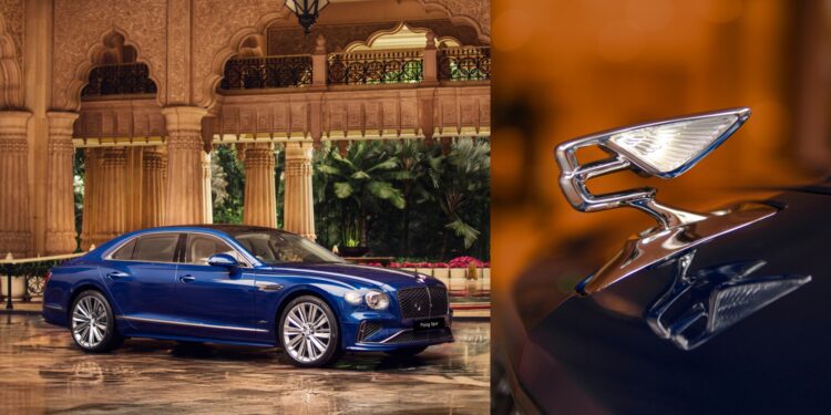 A blue Bentley luxury sedan is parked indoors beside ornate columns, reflecting the brand’s Indian presence; a close-up reveals its iconic winged hood ornament shimmering on the car’s front.