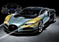 A luxury sports car, inspired by the Bugatti Tourbillon, is displayed in a studio setting. Its sleek, aerodynamic form and function merge seamlessly in a light blue and gold palette, with a digital sketch overlay hinting at the future of automotive design.