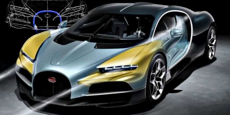A luxury sports car, inspired by the Bugatti Tourbillon, is displayed in a studio setting. Its sleek, aerodynamic form and function merge seamlessly in a light blue and gold palette, with a digital sketch overlay hinting at the future of automotive design.
