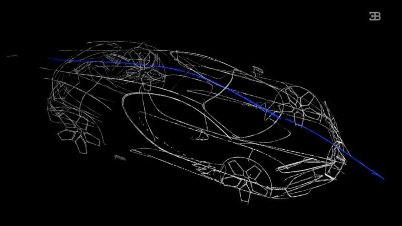 Wireframe outline of a car with a blue curved line running across its side, on a black background; Bugatti logo in the upper right corner, illustrating how form, function, past and the future came together in the Bugatti Tourbillon.