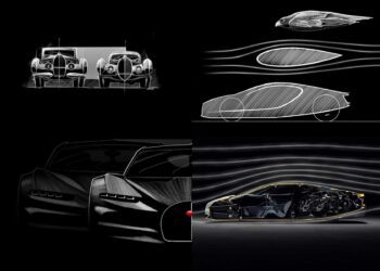 Four panels show car and bird designs with aerodynamic lines: vintage cars, a bird in flight, a modern car sketch, and a car cutaway with airflow patterns highlighted.