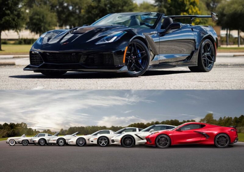 A black convertible sports car—The Most Powerful Manual Production Corvette Ever Built—parked outdoors above a lineup of seven other Corvette models in various colors, displayed side by side on pavement.