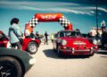 People gather around classic cars near a red and white checkered inflatable arch at the Modena Cento Ore, celebrating its 25th Anniversary, during the outdoor car event held on Oct. 5-10 under sunny skies.
