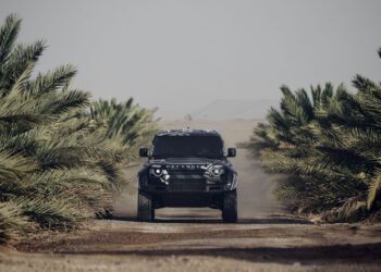 A black off-road vehicle drives on a dirt path between palm trees in a desert landscape.