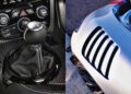 Close-up of a car’s manual gear shifter and console on the left, next to a detailed view of a vented hood on a silver sports car—the last V10-powered RWD sports car to feature a manual transmission—on the right.