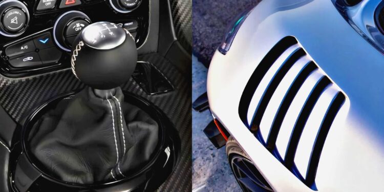 Close-up of a car’s manual gear shifter and console on the left, next to a detailed view of a vented hood on a silver sports car—the last V10-powered RWD sports car to feature a manual transmission—on the right.