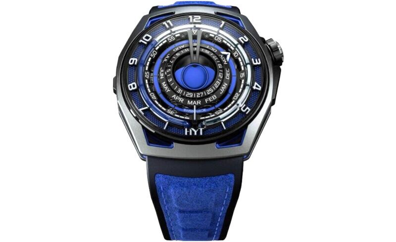 A modern blue and black wristwatch with a complex dial displaying hours, minutes, months, and days. With a round case and a blue strap, it exemplifies the timeless elegance found in the best luxury watches.