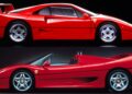 Side view comparison: Ferrari F40 vs Ferrari F50—two red sports cars, with the F40 as a hardtop coupe above and the F50 as a convertible below.