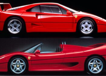 Side view comparison: Ferrari F40 vs Ferrari F50—two red sports cars, with the F40 as a hardtop coupe above and the F50 as a convertible below.