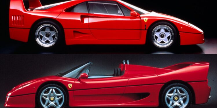 Side view comparison: Ferrari F40 vs Ferrari F50—two red sports cars, with the F40 as a hardtop coupe above and the F50 as a convertible below.