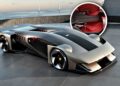 Futuristic silver Ferrari F76: The Prancing Horse’s First-Ever Virtual Hypercar with black accents parked on concrete; inset shows close-up of the red interior and angular dashboard controls.