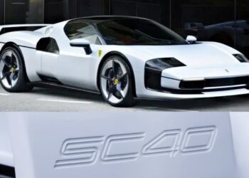 A white Ferrari SC40 sports car is parked outdoors; a close-up below shows "SC40" embossed on its body—a modern homage to the iconic F40.