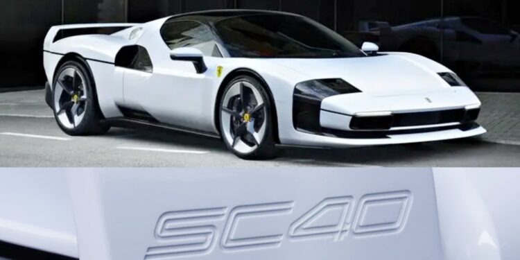 A white Ferrari SC40 sports car is parked outdoors; a close-up below shows "SC40" embossed on its body—a modern homage to the iconic F40.