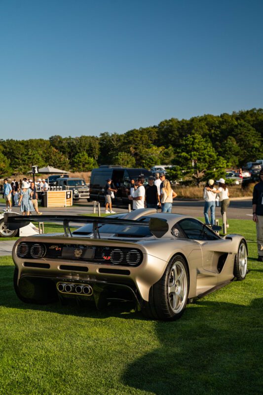 A silver sports car with a rear spoiler and quad exhaust is parked on grass at The Bridge IX, showcasing automotive art amid an exclusive gathering of people and vehicles.