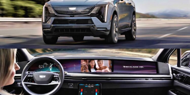 A luxury SUV is shown driving on a road; below, the interior view highlights a digital dashboard, large touchscreen displays, and hints at GM’s Next Big Leap: Conversational AI in 2026 for a truly futuristic driving experience.
