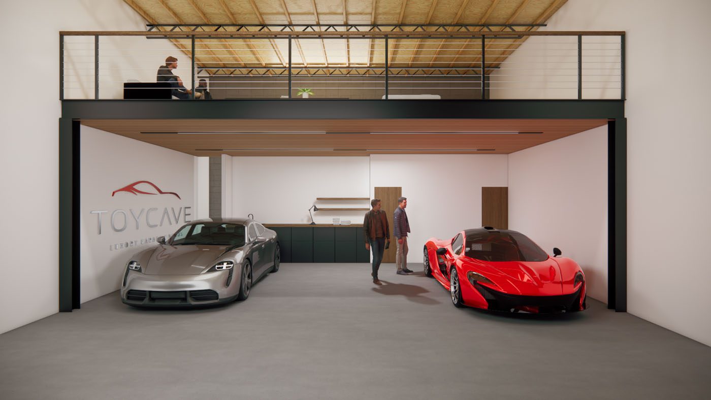 Two people stand in a modern garage with a gray sports car and a red sports car; above is a mezzanine office area with two people working at desks.
