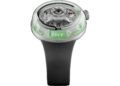 A modern wristwatch with a transparent case, visible mechanical components, green fluid time display, and a black textured strap—an innovative design that stands out among the best luxury watches.