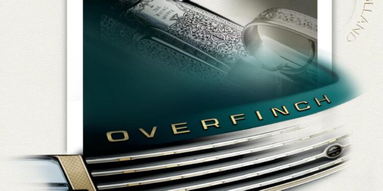 Close-up of a car grille with "OVERFINCH" lettering and part of an engraved firearm, with "Holland & Holland" faintly visible in the background.