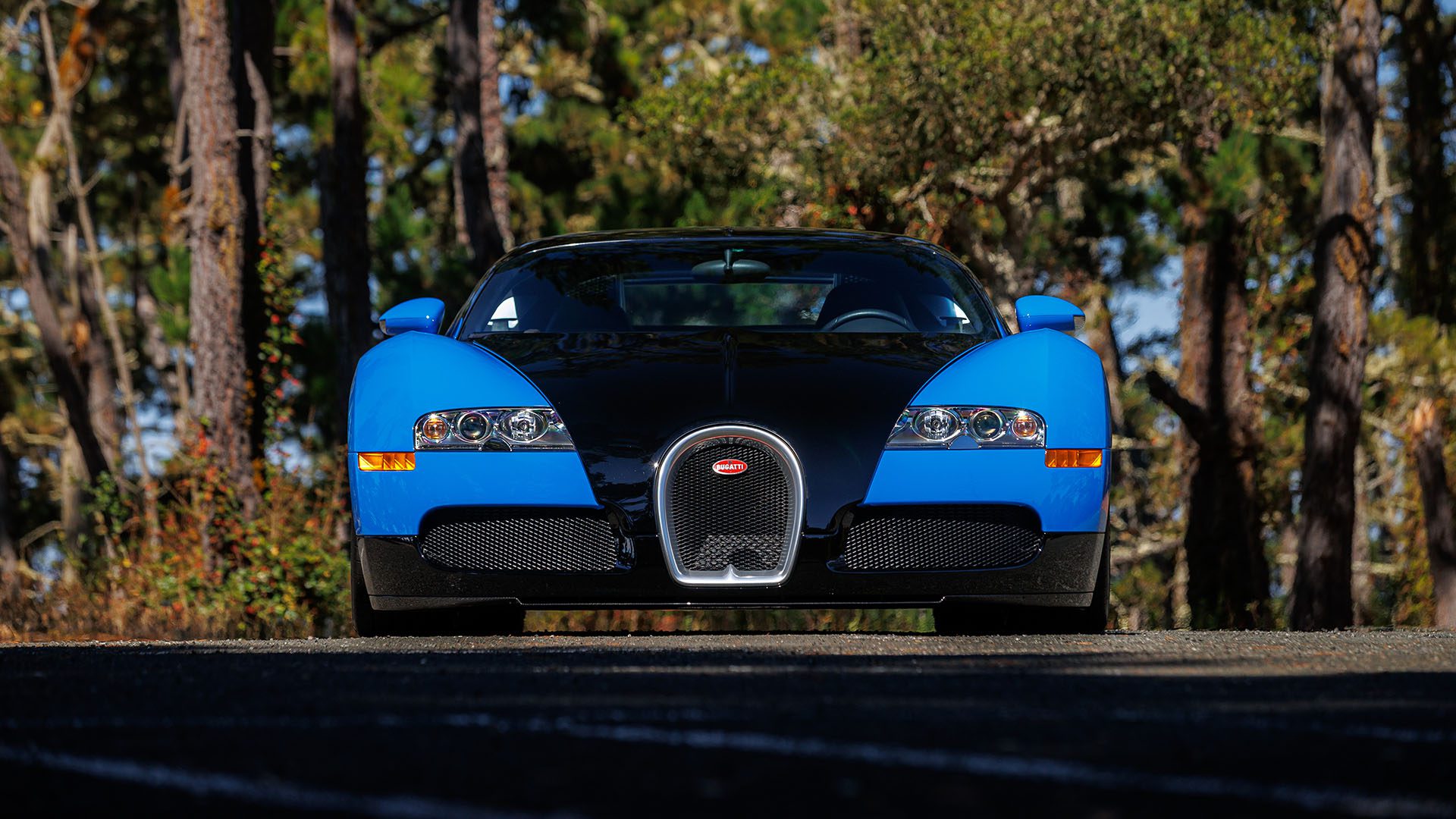 A blue and black Bugatti Veyron sports car is parked on a road, photographed from the front with trees in the background, set to turn heads at Broad Arrow’s Las Vegas 2025 event.
