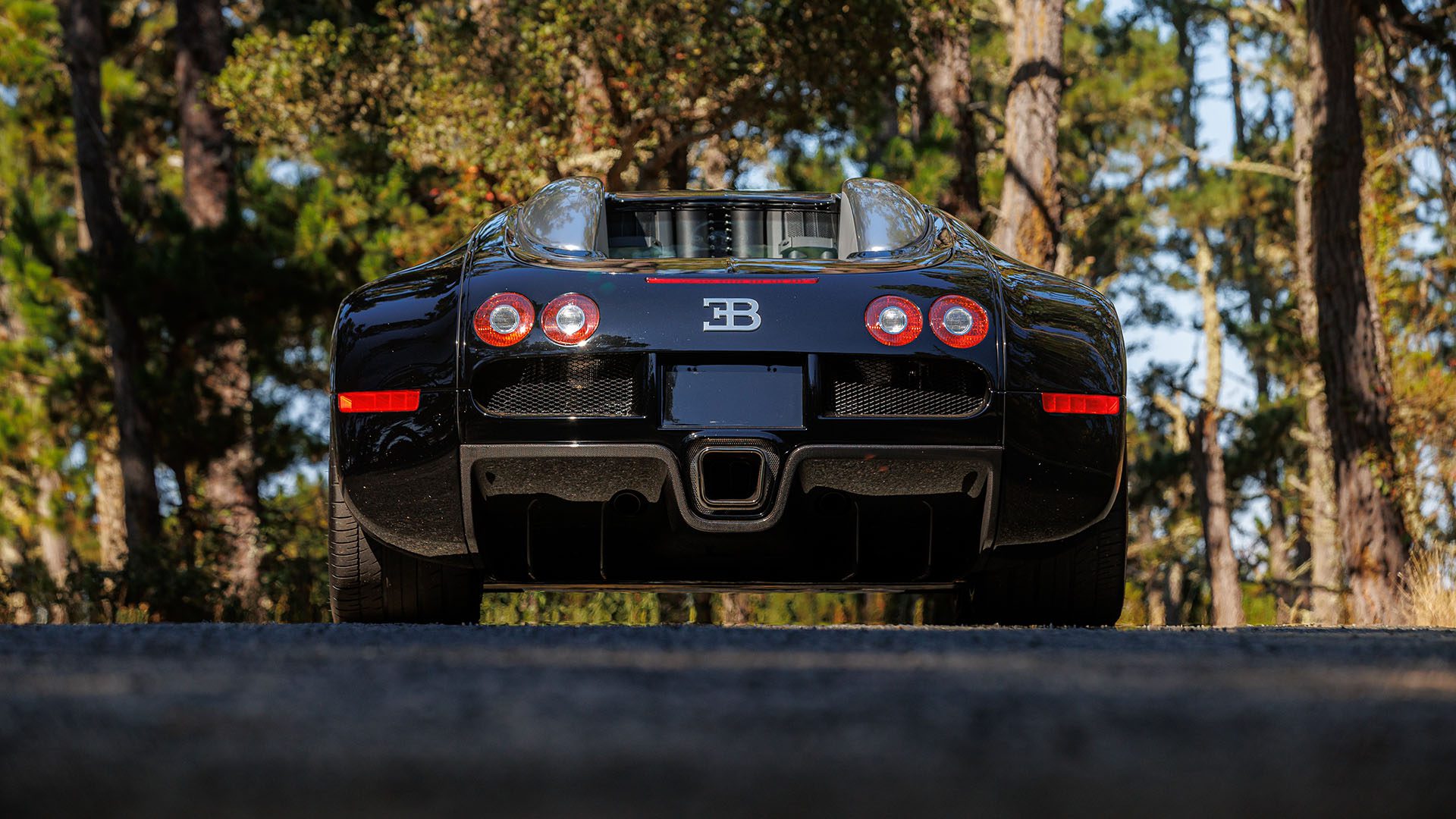 Rear view of a black Bugatti Veyron sports car parked on a road, surrounded by trees in an outdoor setting, perfect for the Broad Arrow Las Vegas 2025 showcase.