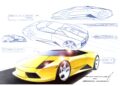 A yellow sports car concept sketch with design notes and additional angle sketches in blue lines, inspired by Lamborghini Centro Stile at 20: The Studio Behind Every Modern Bull.