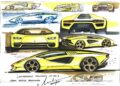 A collection of hand-drawn sketches and notes of a yellow Lamborghini Countach LP 800-4, inspired by Lamborghini Centro Stile at 20: The Studio Behind Every Modern Bull, showing different design angles and details.
