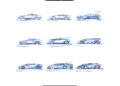 Nine blue car sketches illustrate different Lamborghini models in side profile, each annotated, on a white background. Lamborghini branding and a tribute to “Lamborghini Centro Stile at 20: The Studio Behind Every Modern Bull” feature at the top and bottom.