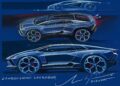 A design sketch of the Lamborghini Lanzador concept shows three side views on a blue background, with signatures and the name "Lamborghini Lanzador" below—highlighting the creative spirit of Lamborghini Centro Stile at 20: The Studio Behind Every Modern Bull.