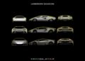 Three rows of Lamborghini cars shown from front, side, and rear views, illustrating the evolution of Lamborghini design over time—an exciting tribute to Lamborghini Centro Stile at 20: The Studio Behind Every Modern Bull.