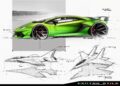 A digital illustration shows a green sports car and two concept sketches of fighter jets, highlighting aerodynamic design features. Inspired by Lamborghini Centro Stile at 20: The Studio Behind Every Modern Bull, the car and jets are shown with technical annotations.