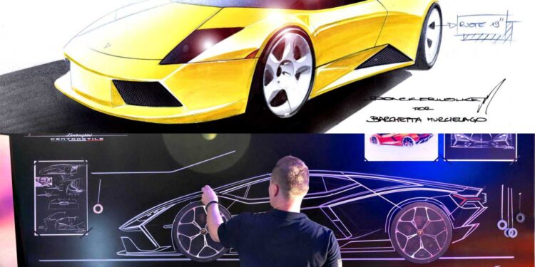 A person sketches a yellow sports car design on a blackboard; above, a detailed concept drawing celebrates Lamborghini Centro Stile at 20: The Studio Behind Every Modern Bull.
