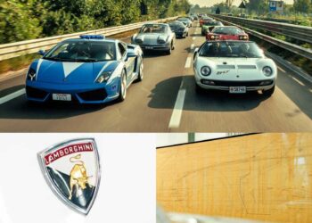 A group of classic and modern Lamborghini cars drives on a highway; below are a Lamborghini logo and a technical car drawing, celebrating Lamborghini Concludes Polo Storico 10th Anniversary With Unseen Exhibit Reveals Miura Tribute for 2026.
